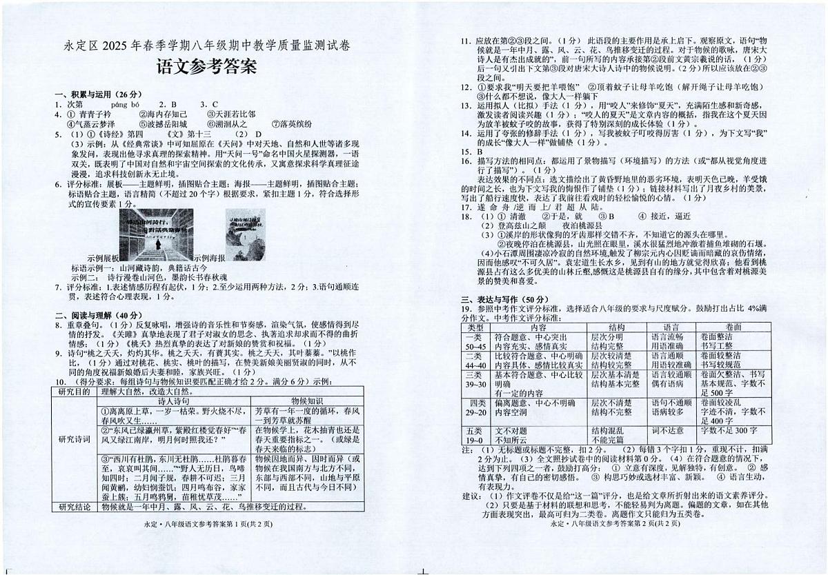 湖南省张家界市永定区永定区2025年春季学期八年级期中教学质量监测试卷·语文参考答案第1页