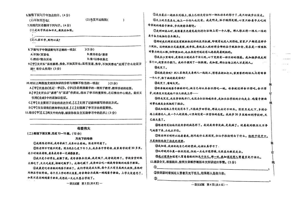 吉林省松原市长岭县2024~2025学年度第二学期期中测试卷  九年级语文试卷（含答案）第2页