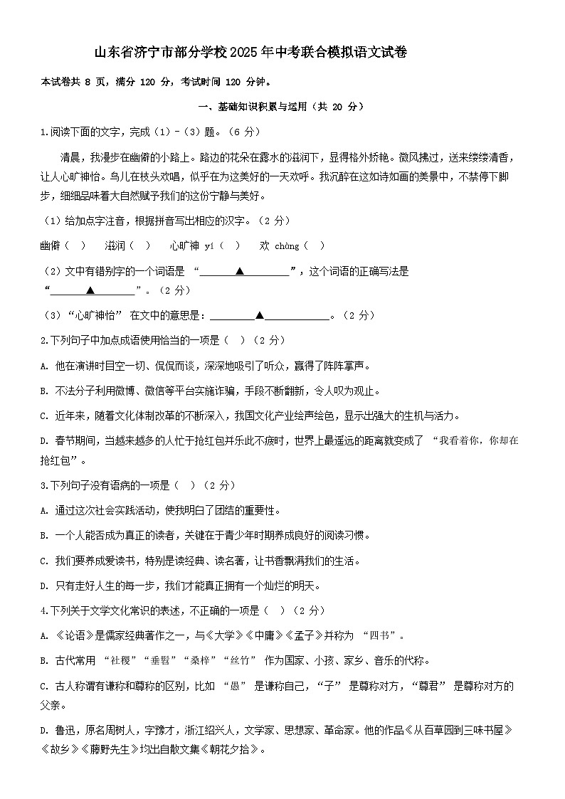 山东省济宁市部分学校2025年九年级中考联合模拟语文试卷（含答案）第1页
