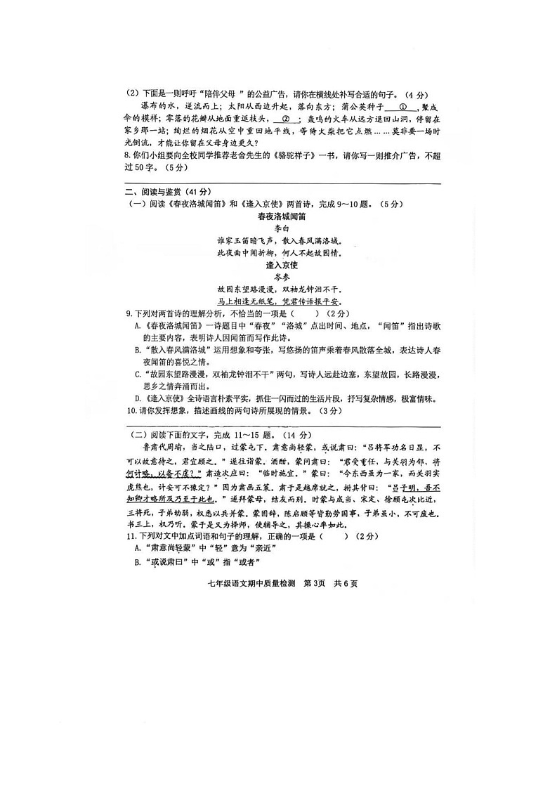 山东省日照市岚山区2024-2025学年七年级下学期4月期中语文试题第3页