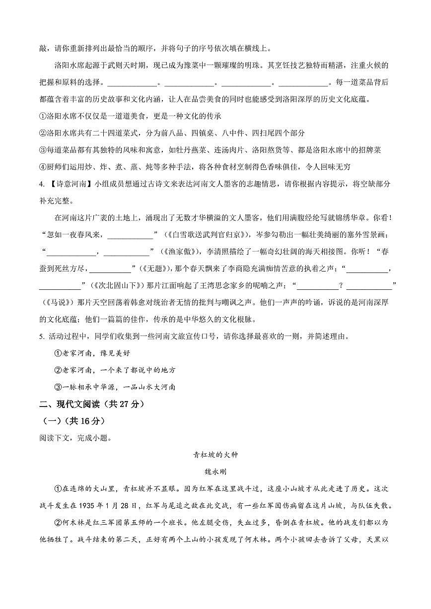 2025年河南省漯河市中考一模语文试题附答案第2页