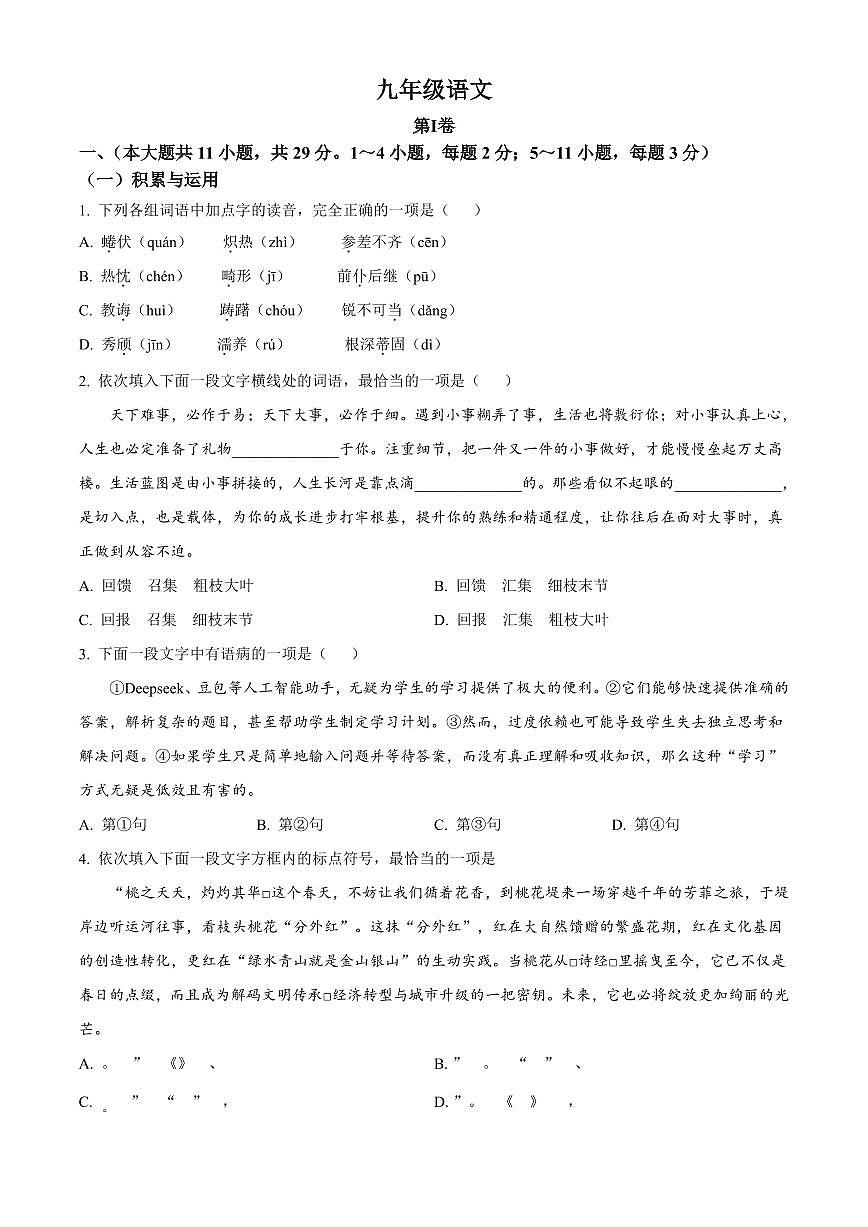 2025年天津市红桥区中考一模语文试题附答案第1页