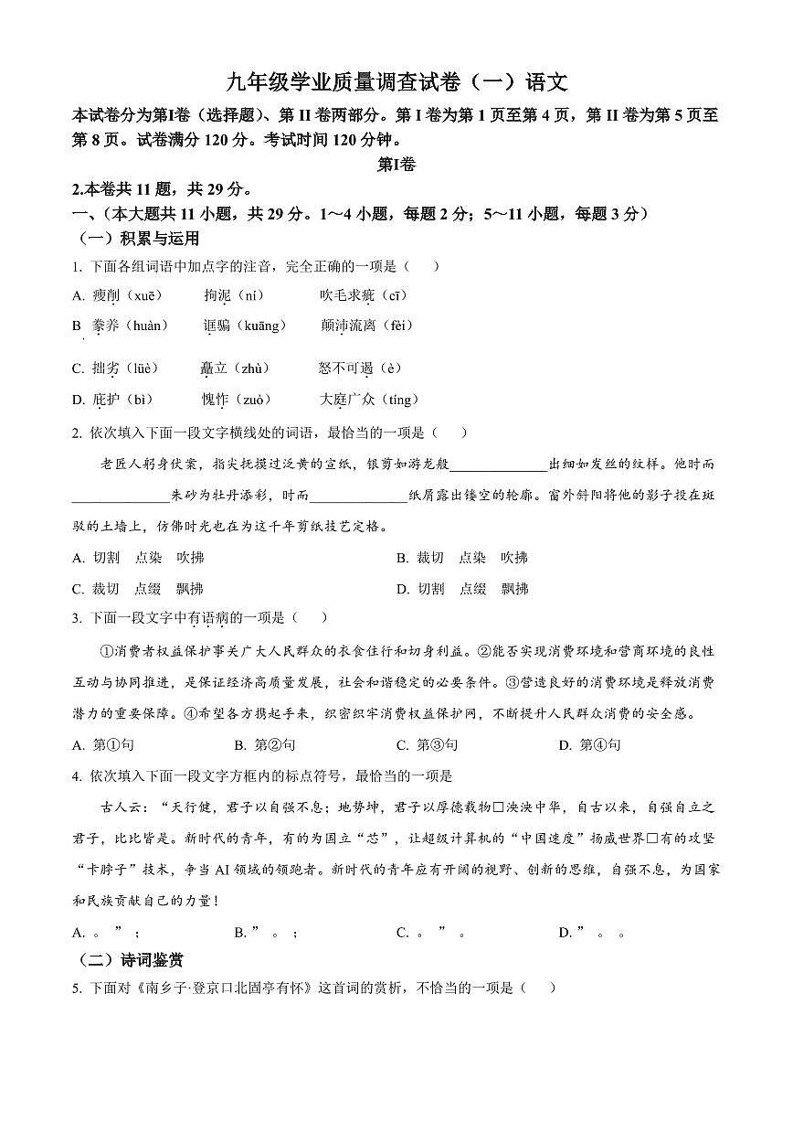 2025年天津市天津市中考一模语文试题附答案第1页