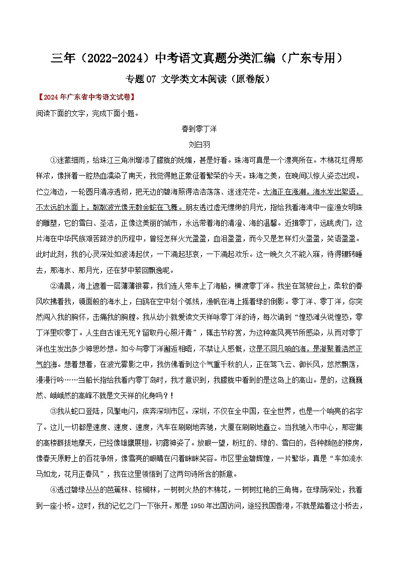 备战2025年中考语文真题分类汇编（广东专用）专题07文学类文本阅读（学生版）第1页