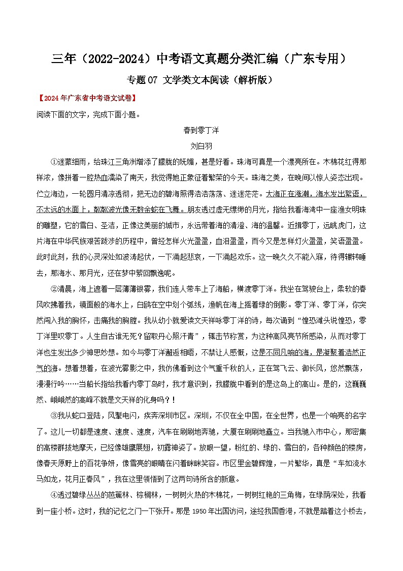 备战2025年中考语文真题分类汇编（广东专用）专题07文学类文本阅读（教师版）第1页