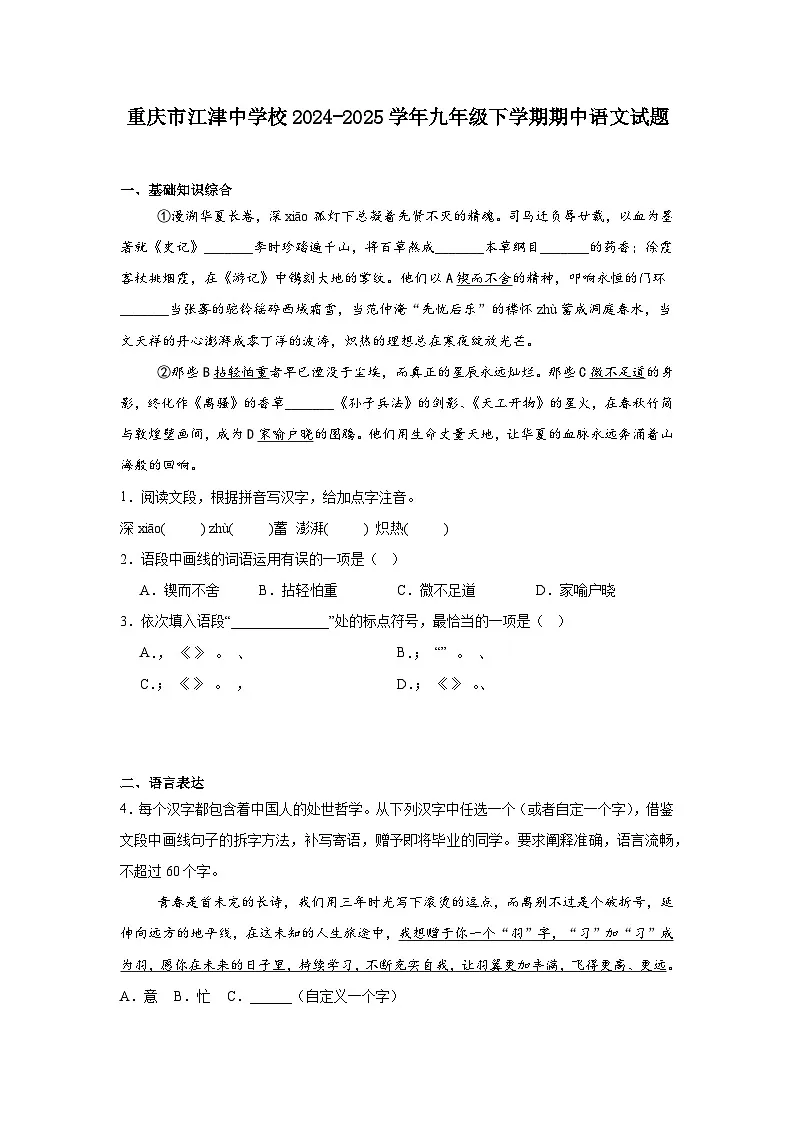 重庆市江津中学校2024-2025学年九年级下学期期中语文试题（含答案）第1页