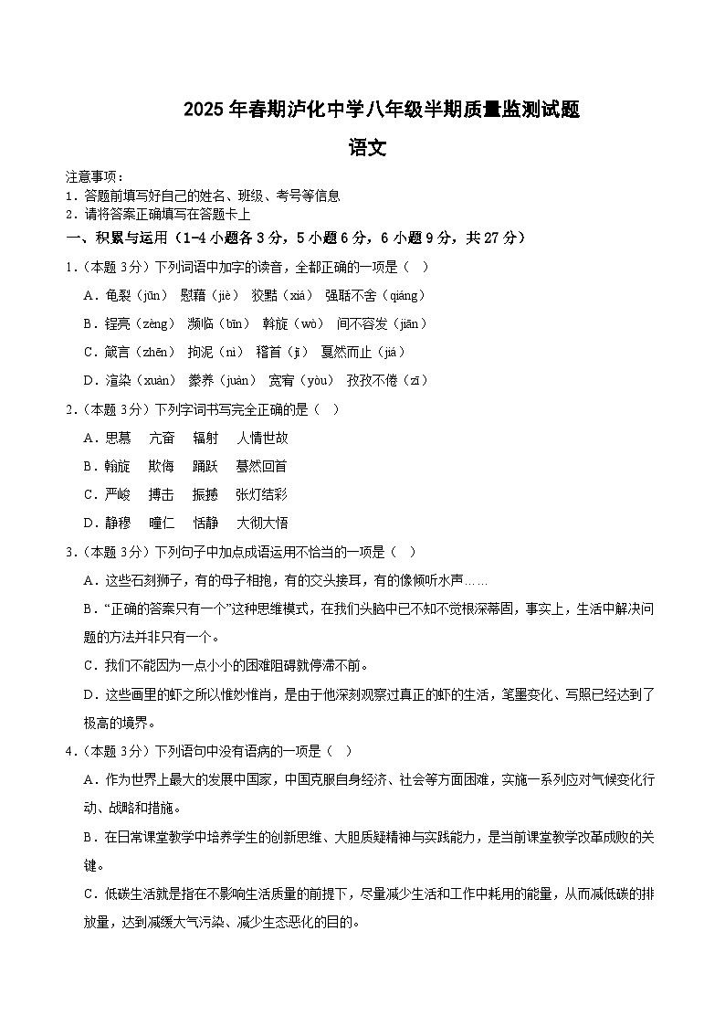 四川省泸州市龙马潭区泸化中学2024-2025学年八年级下学期4月半期语文考试（含答案）第1页