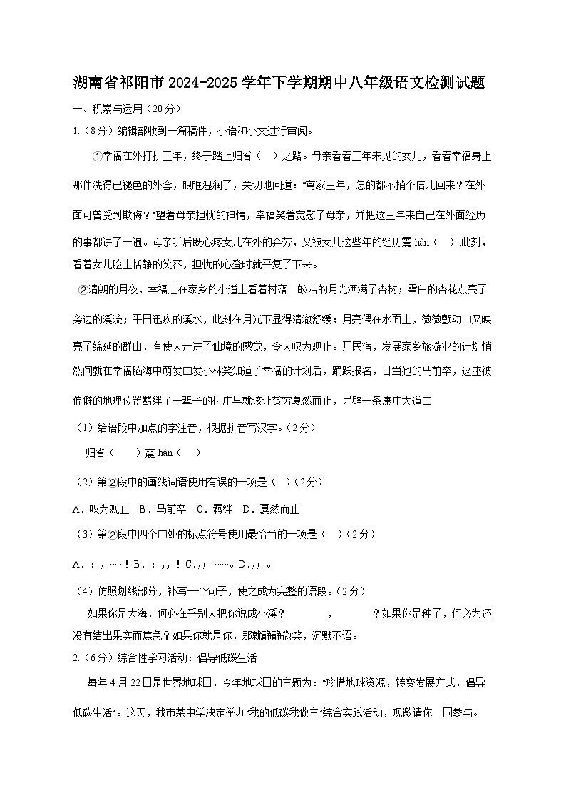 湖南省祁阳市2024-2025学年下学期期中八年级语文检测试题（附答案）第1页