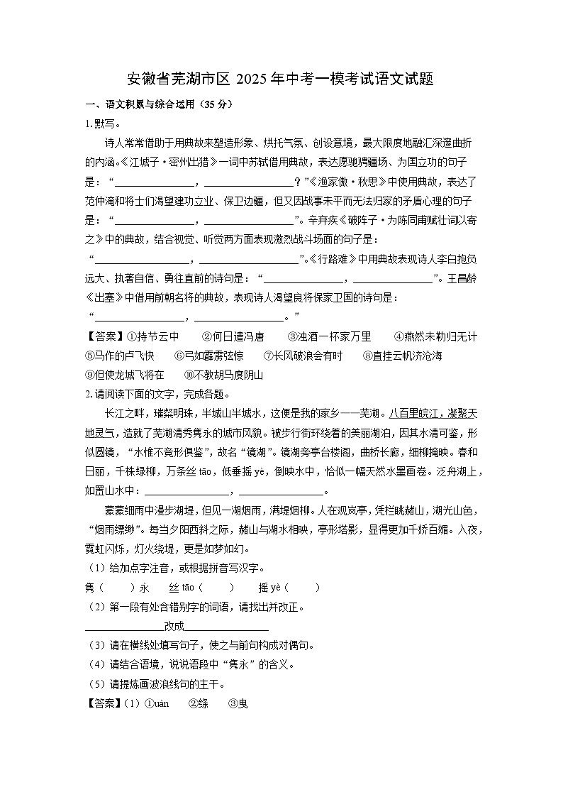 安徽省芜湖市区2025年中考一模考试语文试题（解析版）第1页
