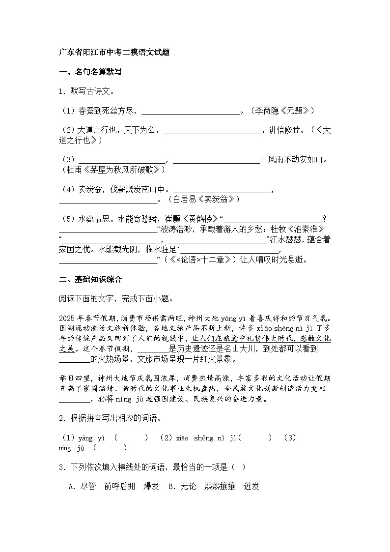 2025年广东省阳江市中考二模语文试题（含答案）第1页