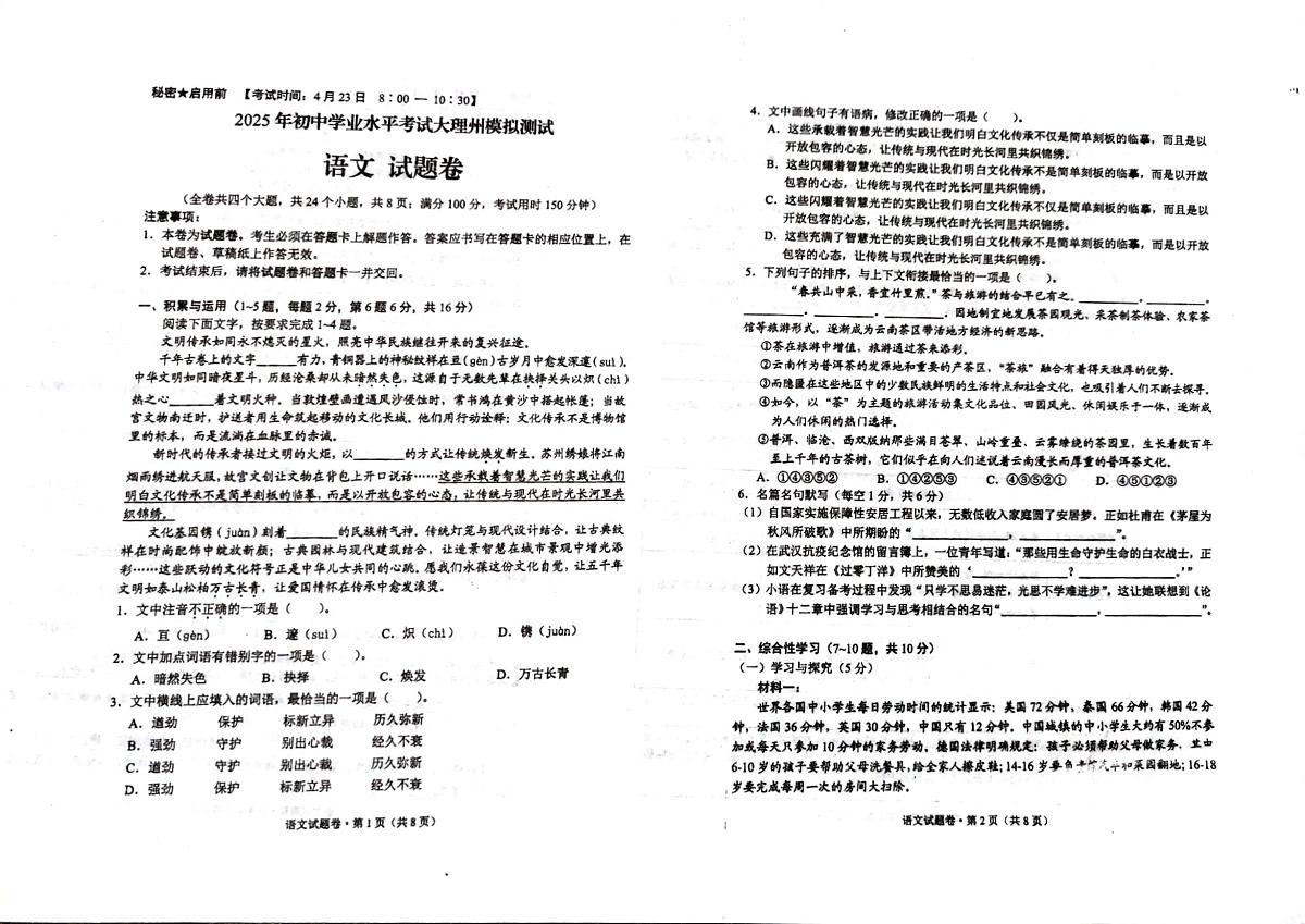 云南省大理州2025年初中学业水平考试模拟检测语文试题卷第1页