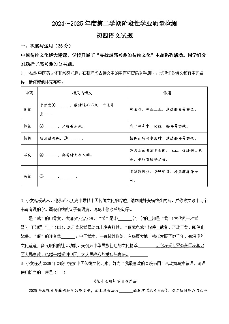 2025年山东省淄博市高新区中考一模语文试题第1页