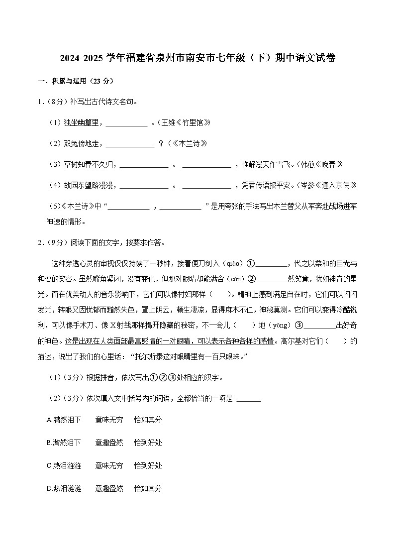 福建省泉州市南安市2024-2025学年七年级下学期期中考试语文试题第1页