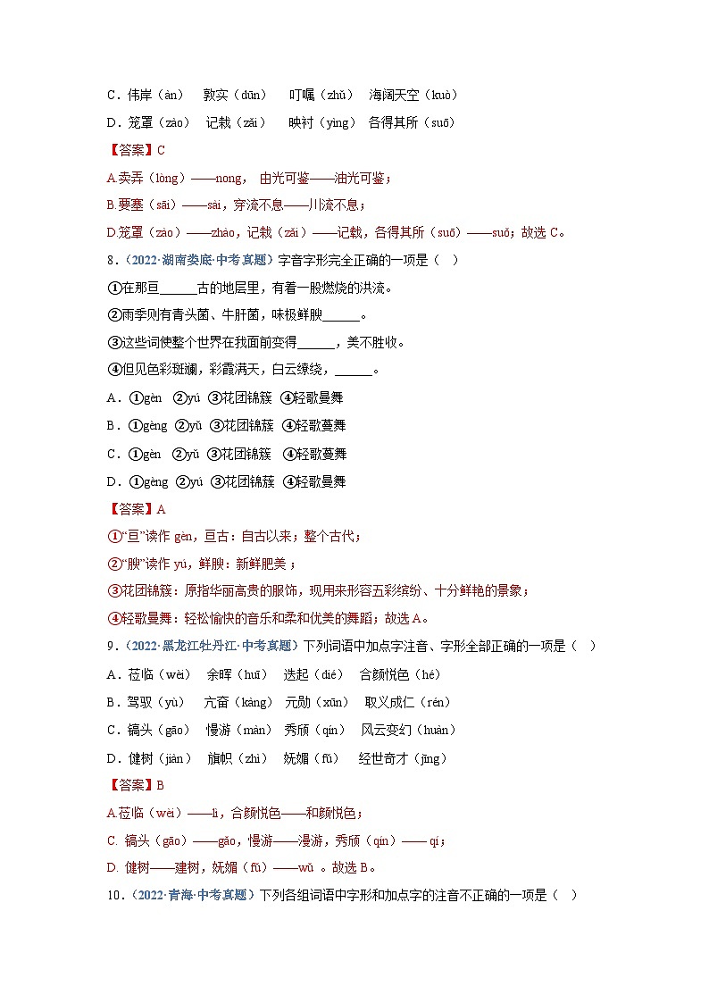 中考语文必刷真题精选 专题01：字音（教师版）第3页