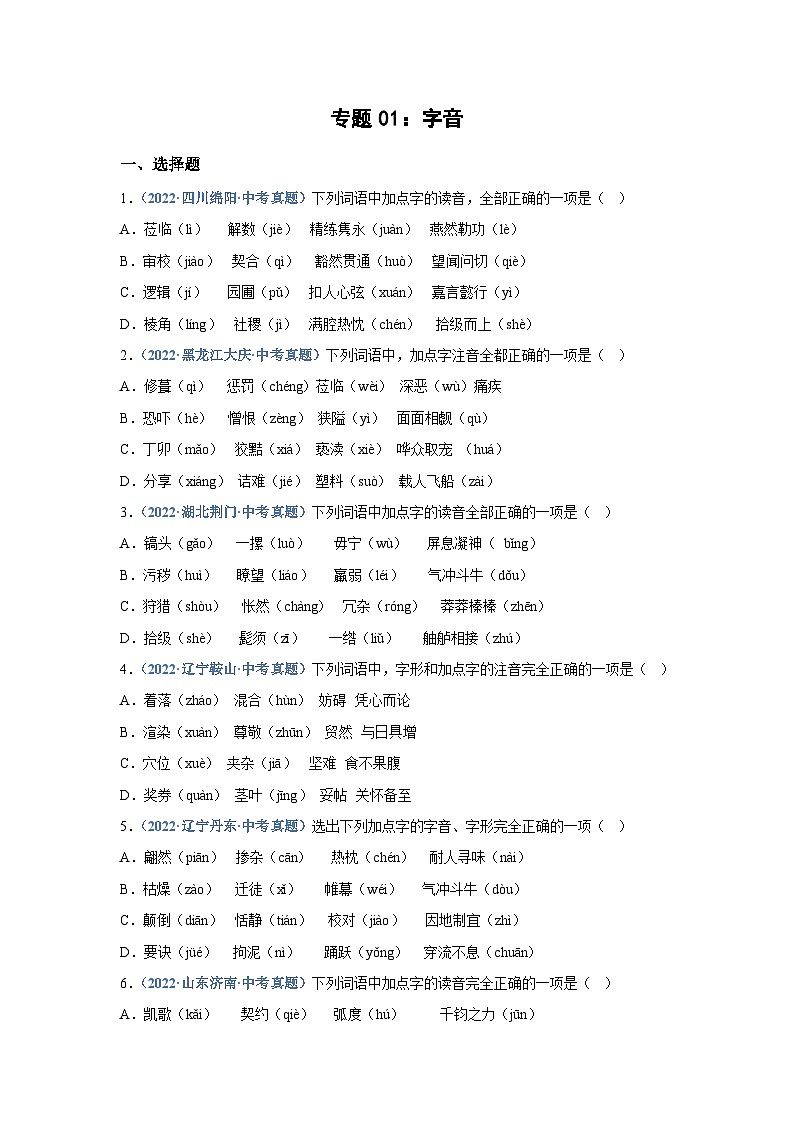 中考语文必刷真题精选 专题01：字音（学生版）第1页