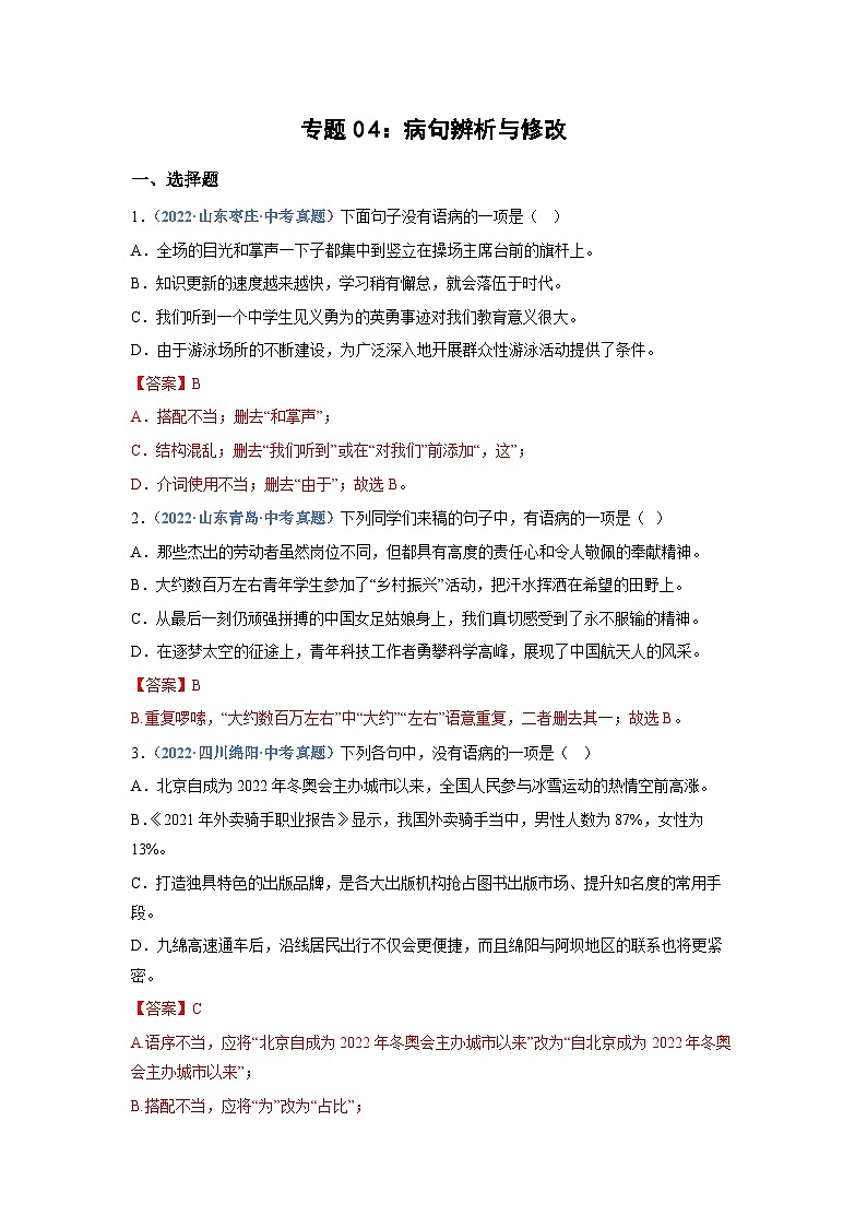 中考语文必刷真题精选 专题04：病句辨析与修改（教师版）第1页