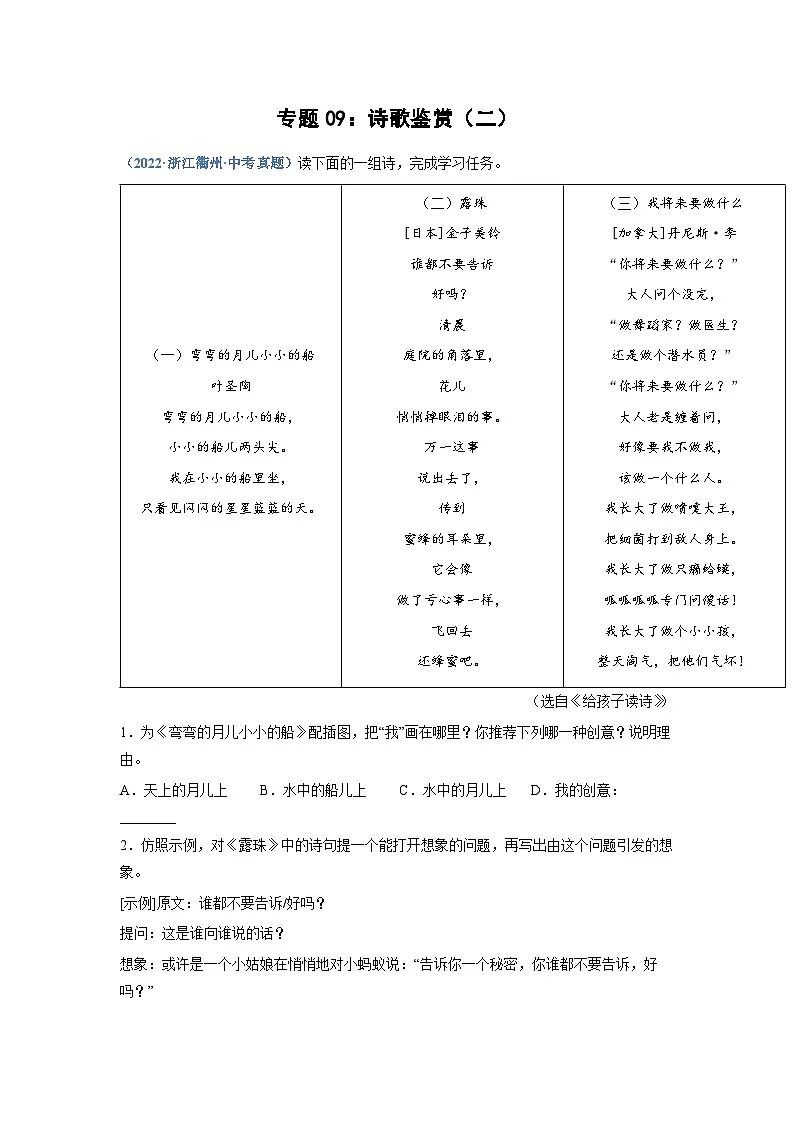 中考语文必刷真题精选 专题09：诗歌鉴赏（二）（教师版）第1页