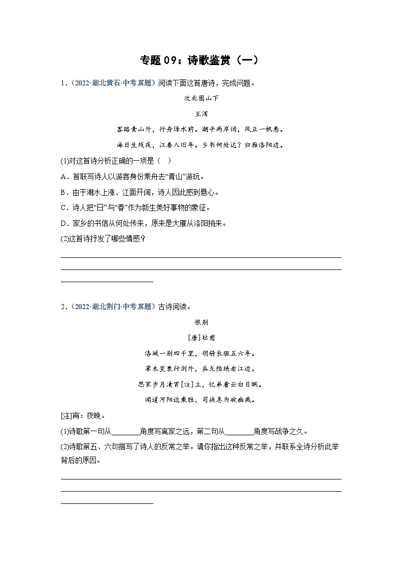 中考语文必刷真题精选 专题09：诗歌鉴赏（一）（学生版）第1页