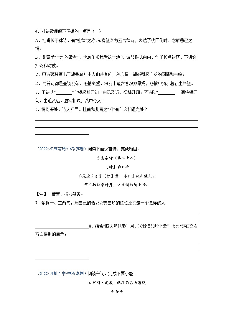 中考语文必刷真题精选 专题09：诗歌鉴赏（一）（学生版）第3页