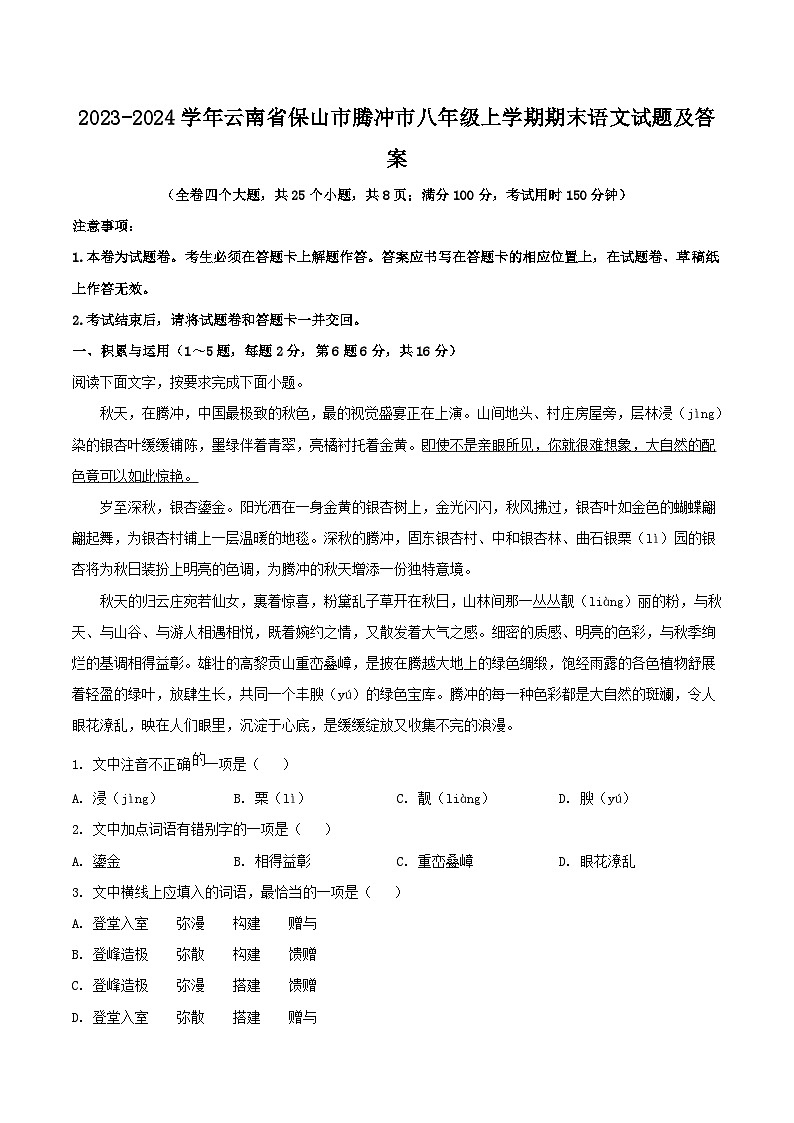 2023-2024学年云南省保山市腾冲市八年级上学期期末语文试题及答案第1页