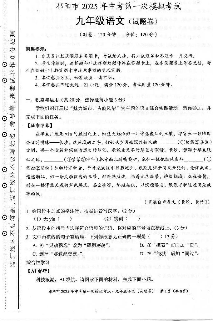 2025年湖南省祁阳市中考第一次模拟考试语文试卷（中考模拟）第1页