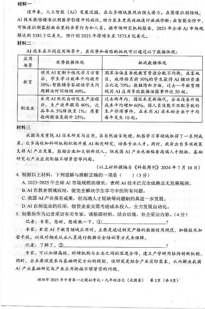 2025年湖南省祁阳市中考第一次模拟考试语文试卷（中考模拟）第2页