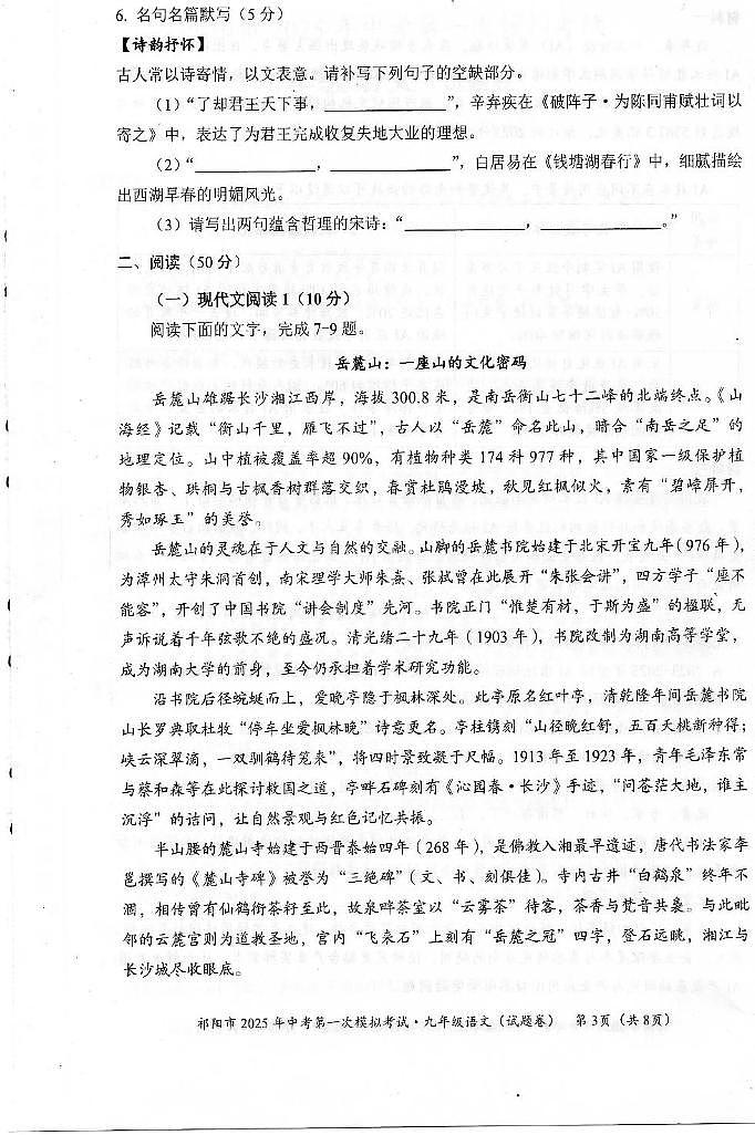 2025年湖南省祁阳市中考第一次模拟考试语文试卷（中考模拟）第3页