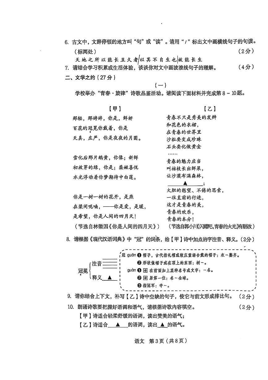 2025年山西省忻州市定襄中学附属初中学校初中学业水平学情调研语文试卷（中考模拟）第3页