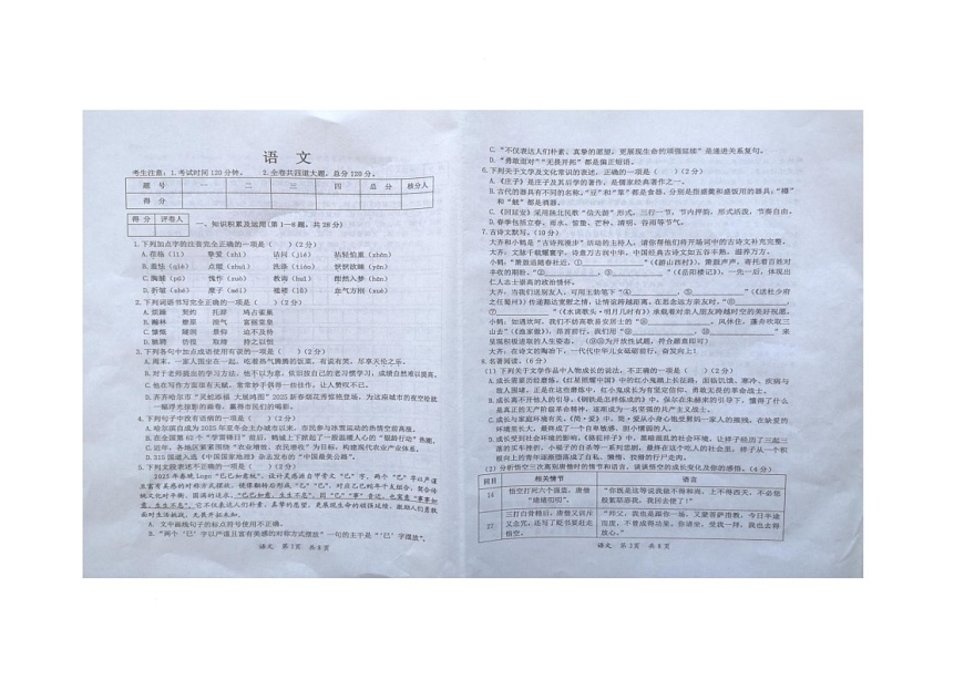 2025年黑龙江省齐齐哈尔地区校联考中考一模语文试题（中考模拟）第1页