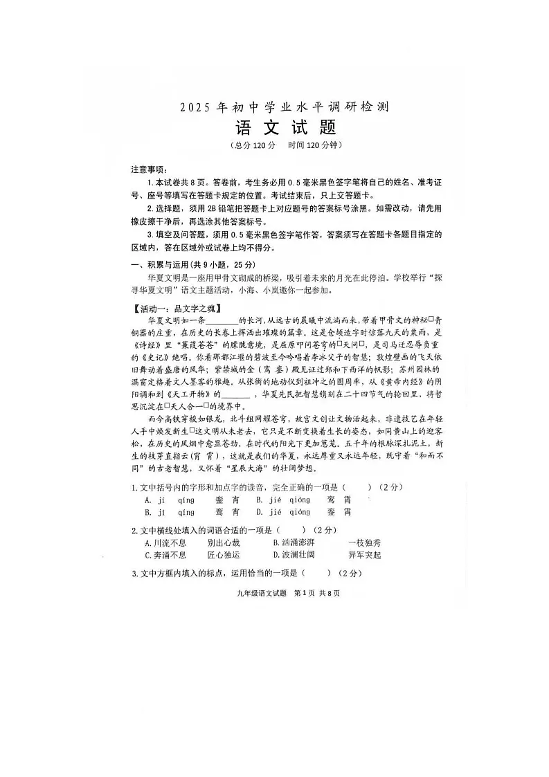 2025年山东省日照市岚山区中考一模语文试题（中考模拟）第1页