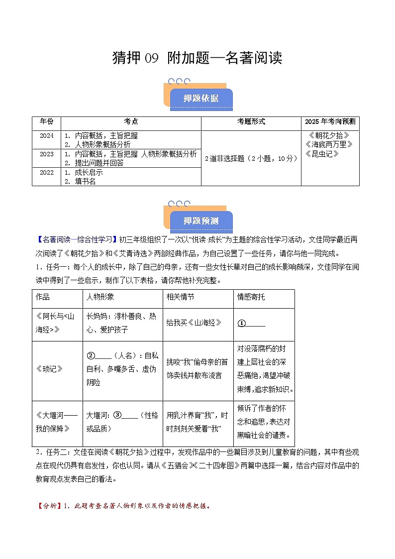 猜押09 附加题—名著阅读（广州专用）（解析版）2025年中考语文冲刺抢押秘籍（广州专用）第1页