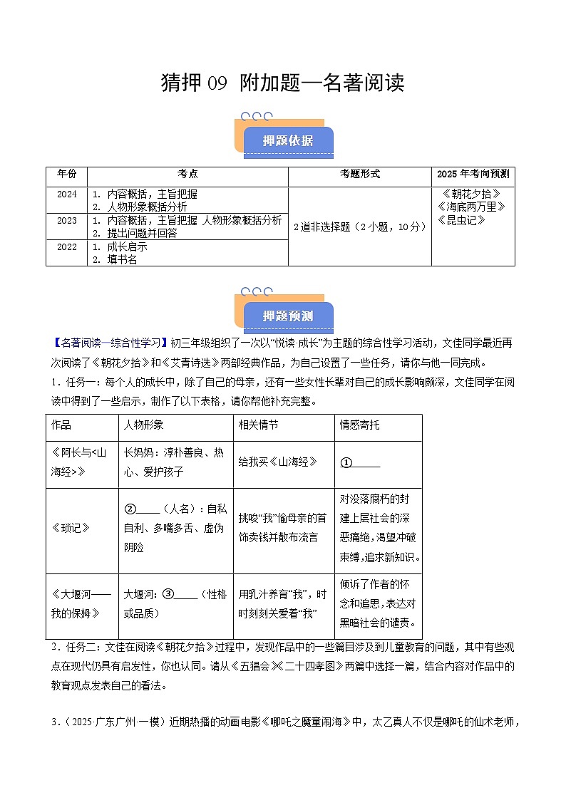 猜押09 附加题—名著阅读（广州专用）（原卷版）2025年中考语文冲刺抢押秘籍（广州专用）第1页