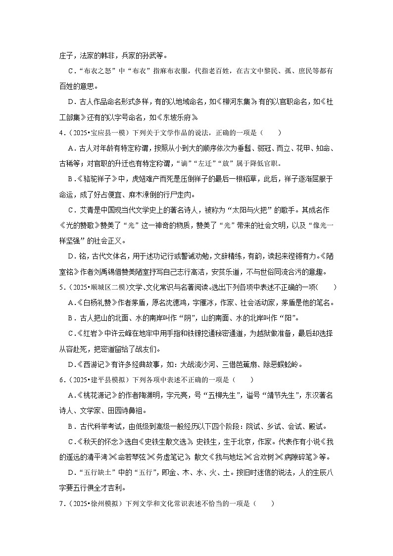 2025年语文中考考前必刷题：文学常识（全国版）（原卷版）第2页