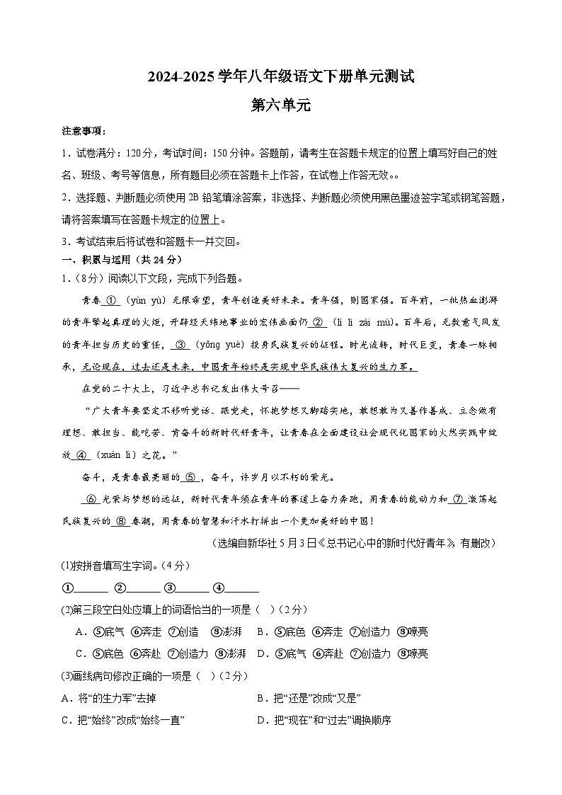 2024-2025学年八年级语文下册第六单元测试卷（统编版）第1页