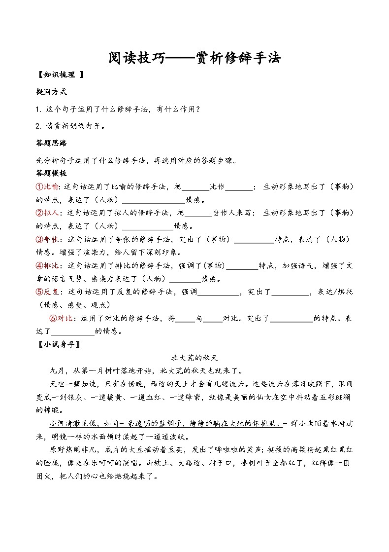 初中语文赏析修辞手法的阅读技巧练习（有答案）第1页