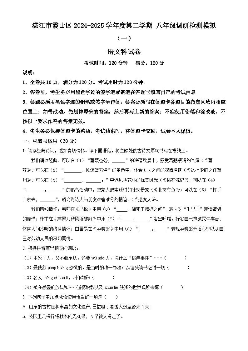 广东省湛江市霞山区2024-2025学年八年级下学期3月月考语文试题（原卷版+解析版）第1页