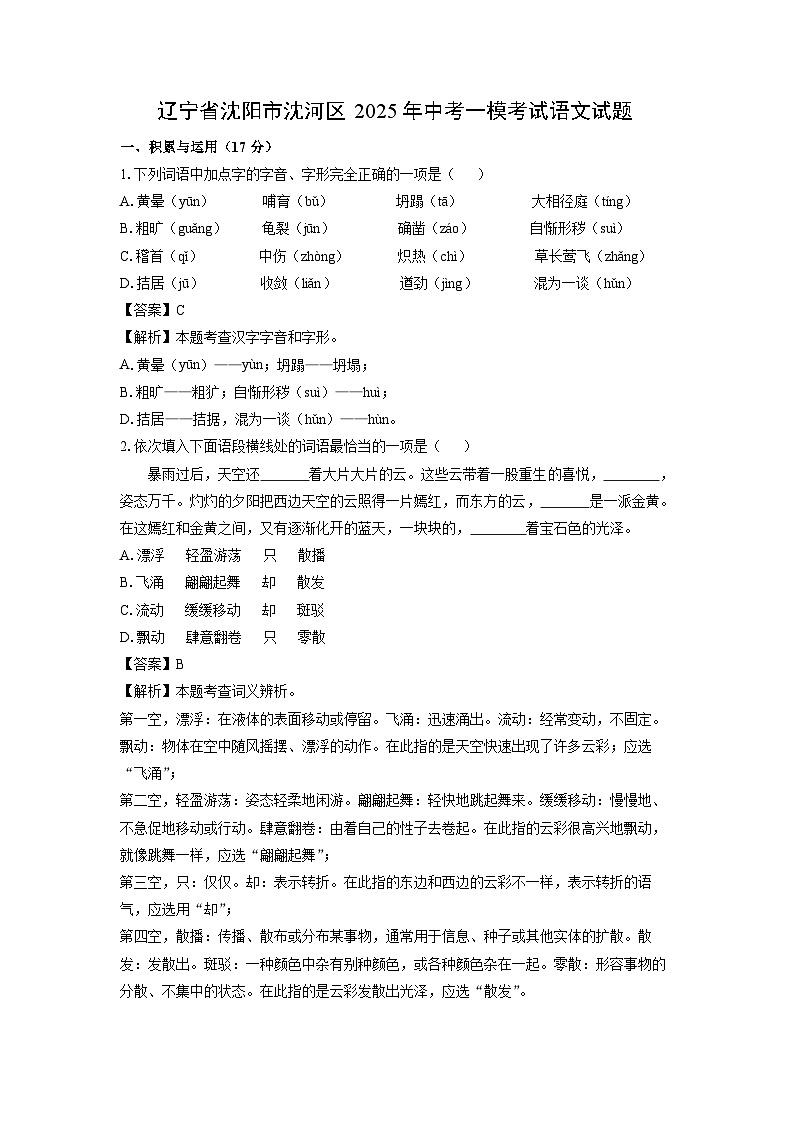 辽宁省沈阳市沈河区2025年中考一模[中考模拟]考试语文试卷（解析版）第1页