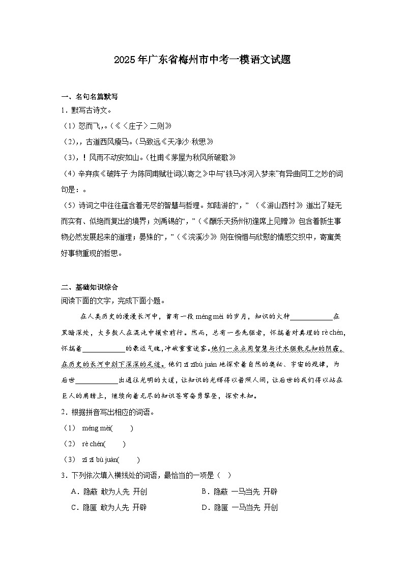 2025年广东省梅州市中考一模语文试题（含答案）第1页