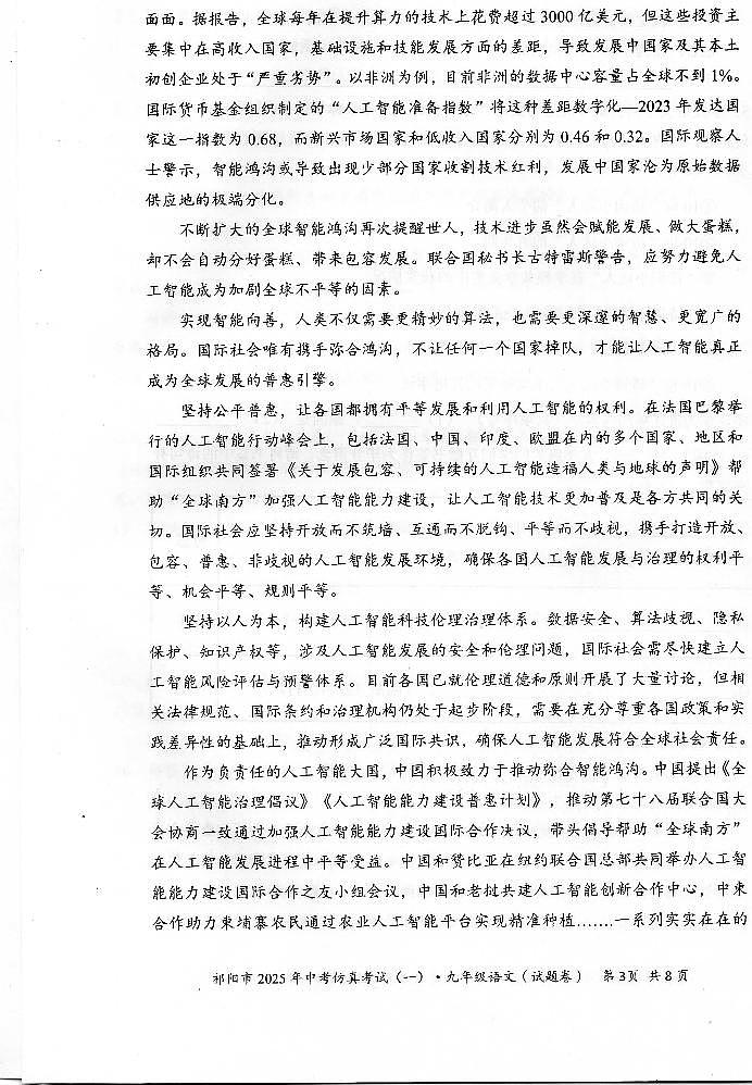 湖南省祁阳市2025年中考模拟语文仿真试卷（一）及答案第3页