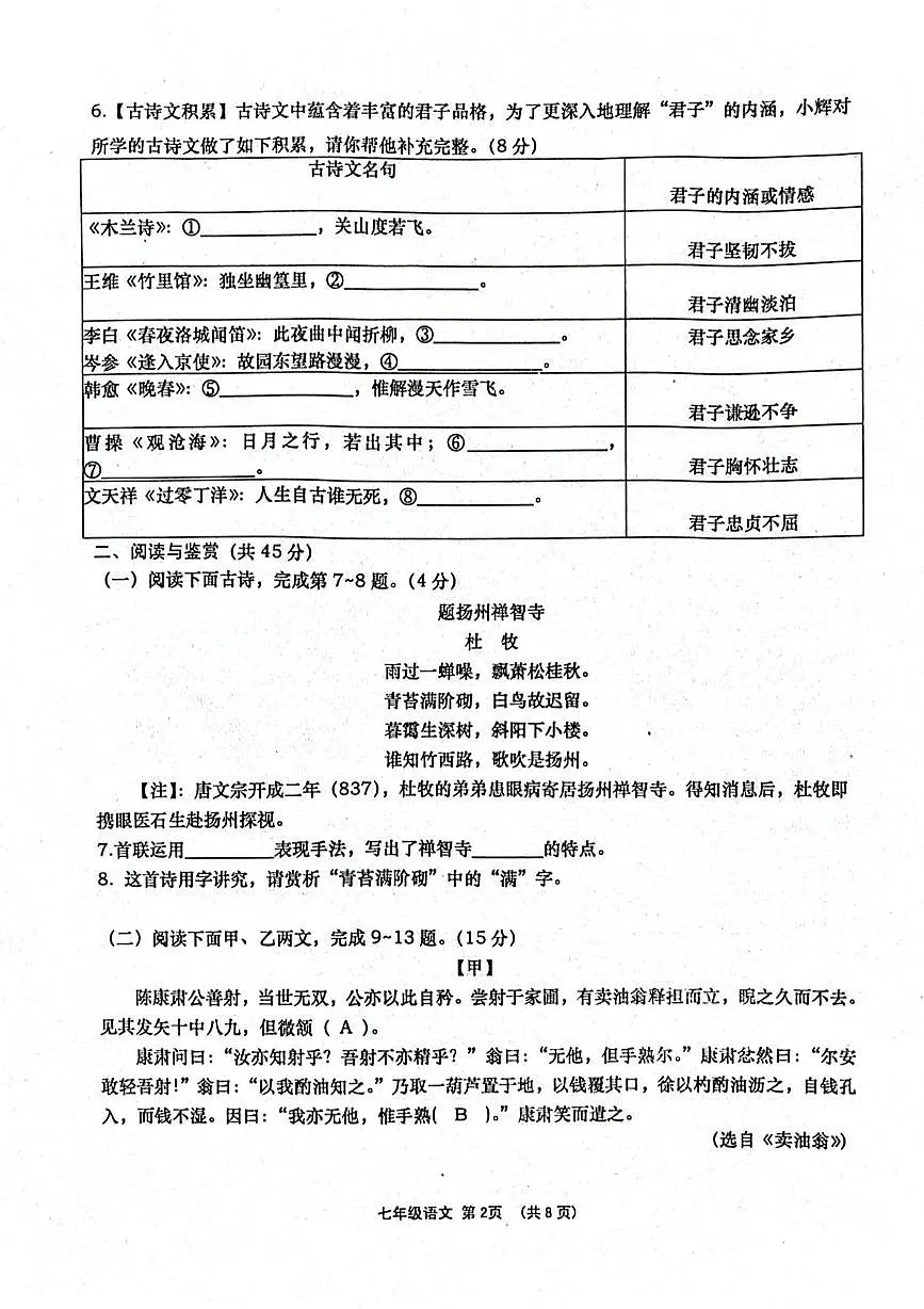 湖北省孝感市孝昌县2024-2025学年七年级下学期期中质量监测语文试卷第2页