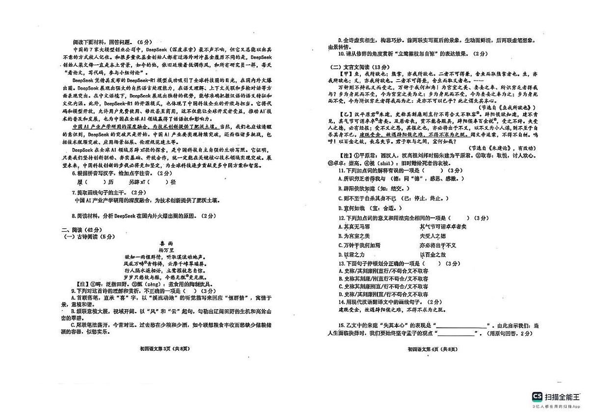 2025年山东省烟台莱阳市中考一模语文试题第3页