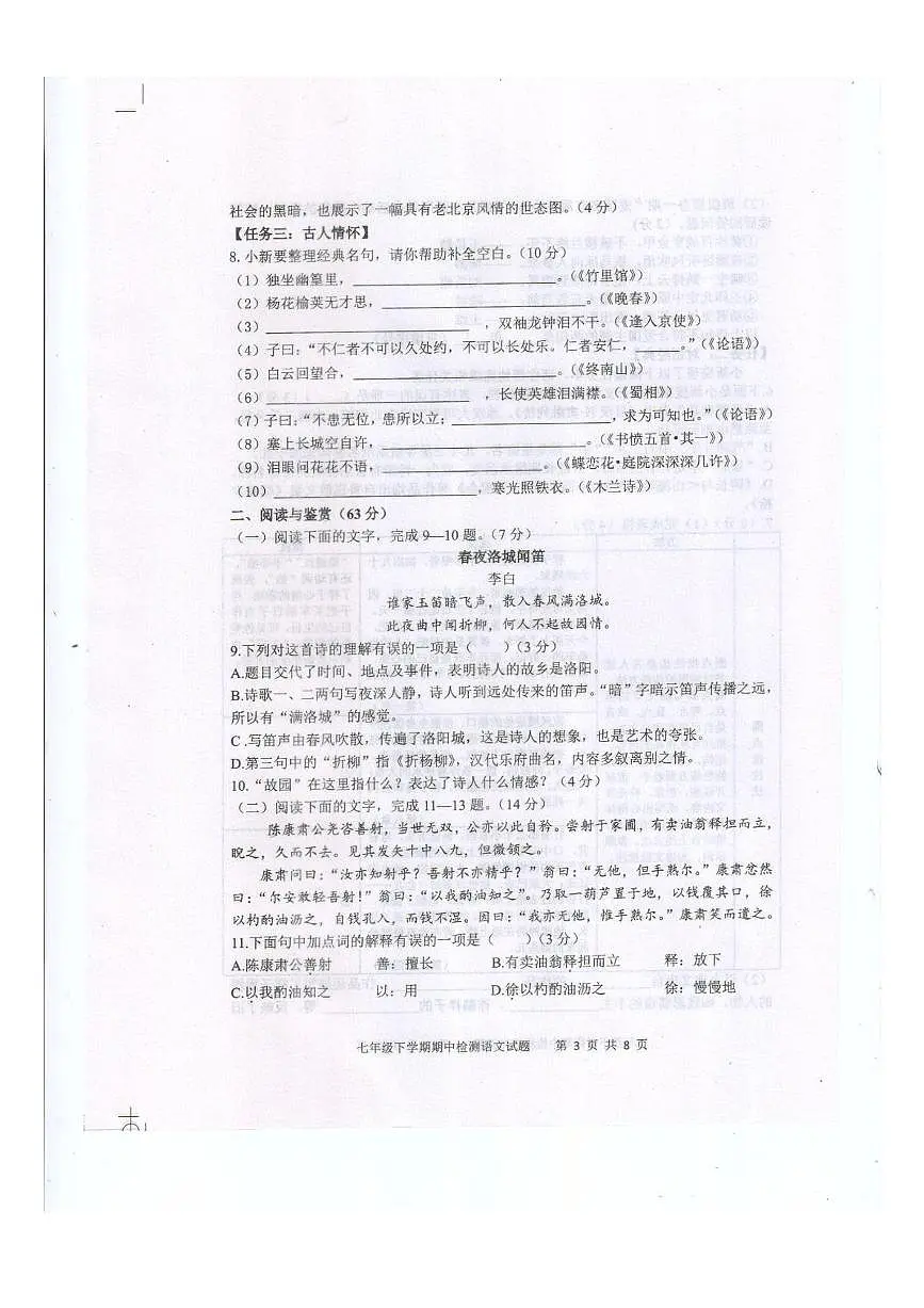 山东省泰安市新泰市2024-2025学年七年级下学期4月期中考试语文试题第3页