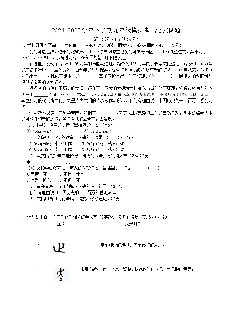 河北省衡水市安平中学2024-2025学年九年级下学期模拟考试语文试题含答案第1页