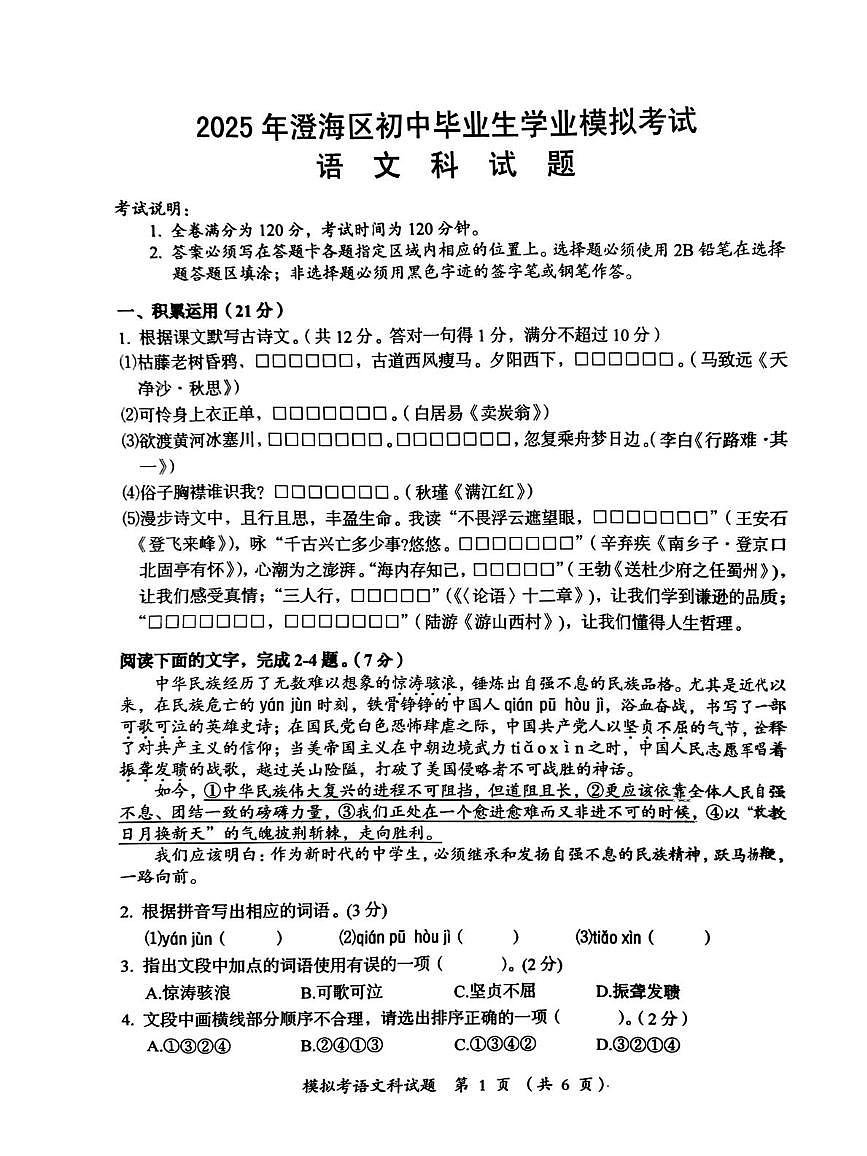 2025年广东省汕头市澄海区中考一模语文试题（中考模拟）第1页