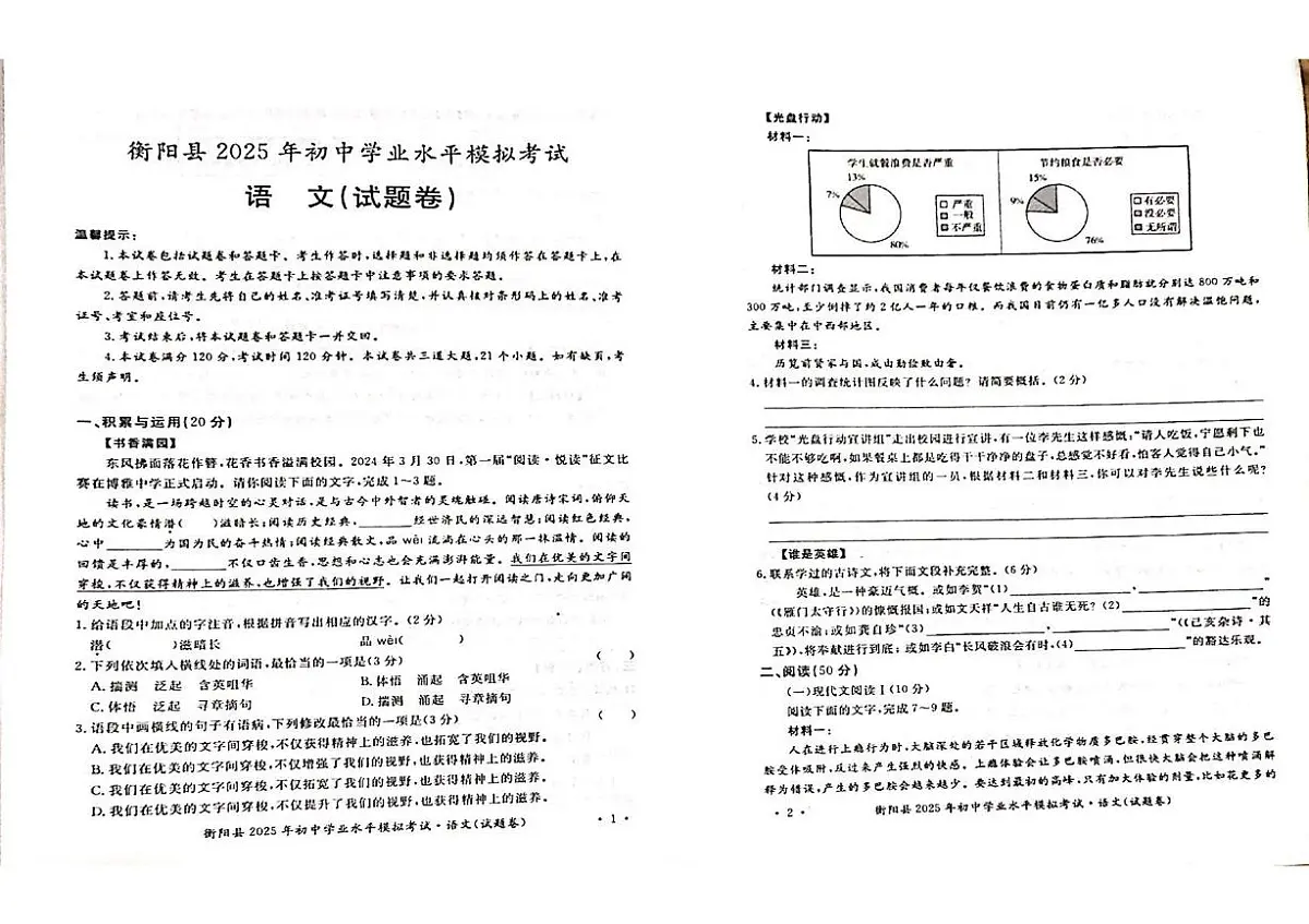 2025年湖南省衡阳县初中学业水平考试模拟考试语文试题（中考模拟）第1页