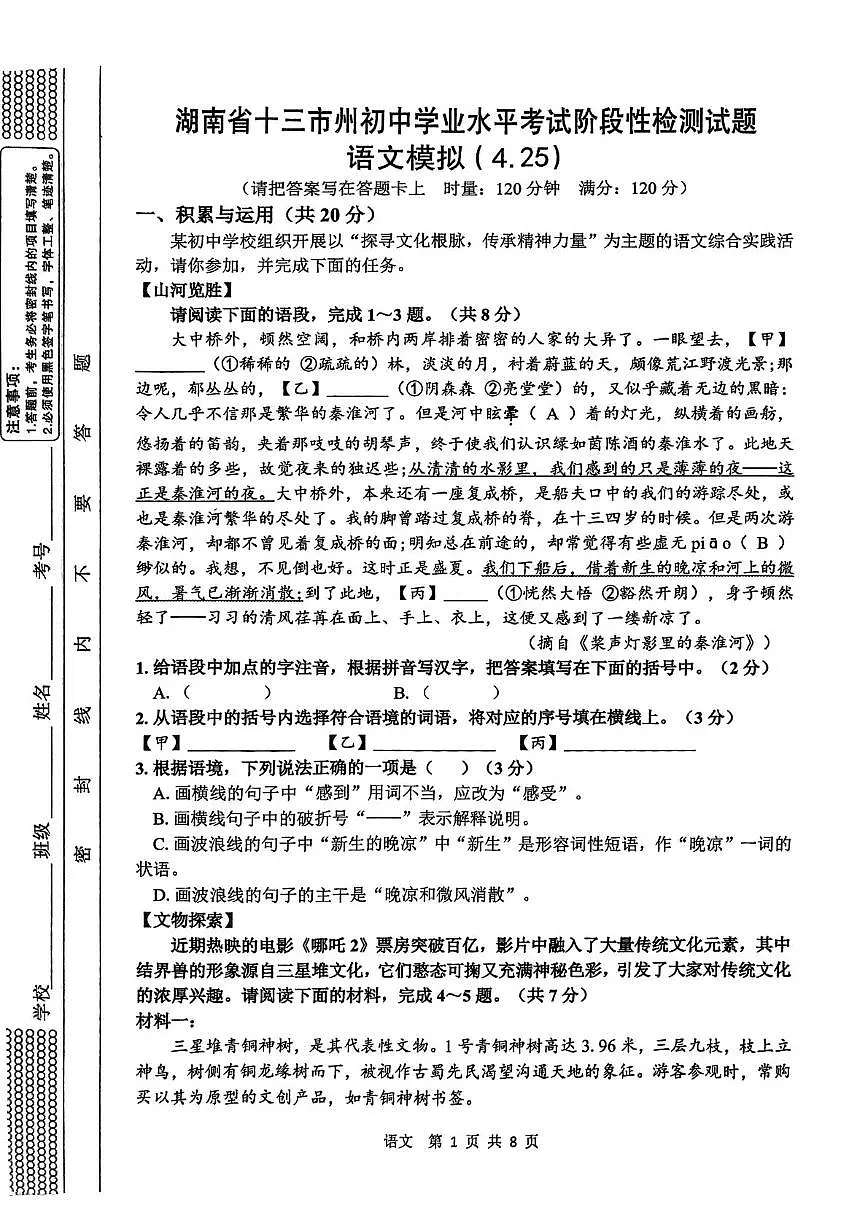 2025年湖南省十三市州初中学业水平考试阶段性检测试题语文试卷（中考模拟）第1页
