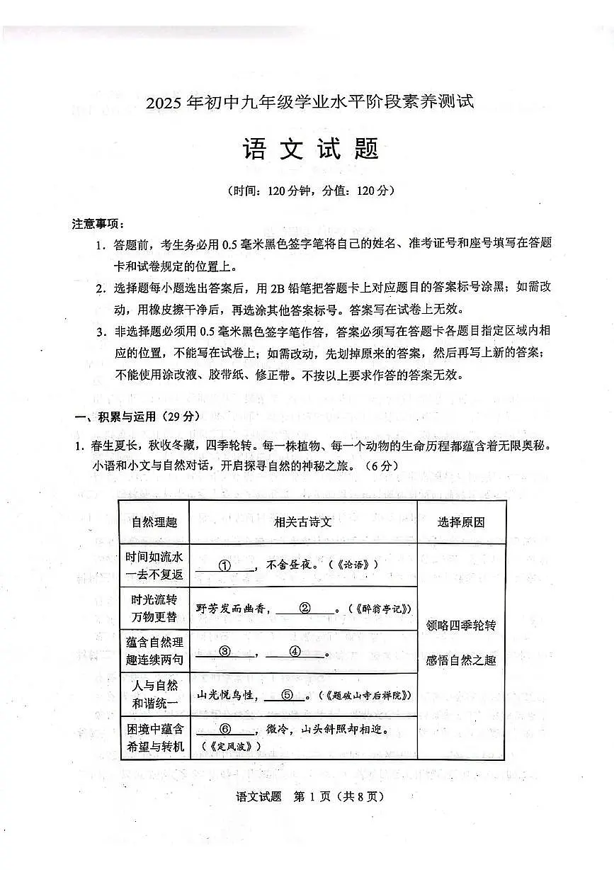 2025年山东省日照市莒县中考一模语文试题（中考模拟）第1页