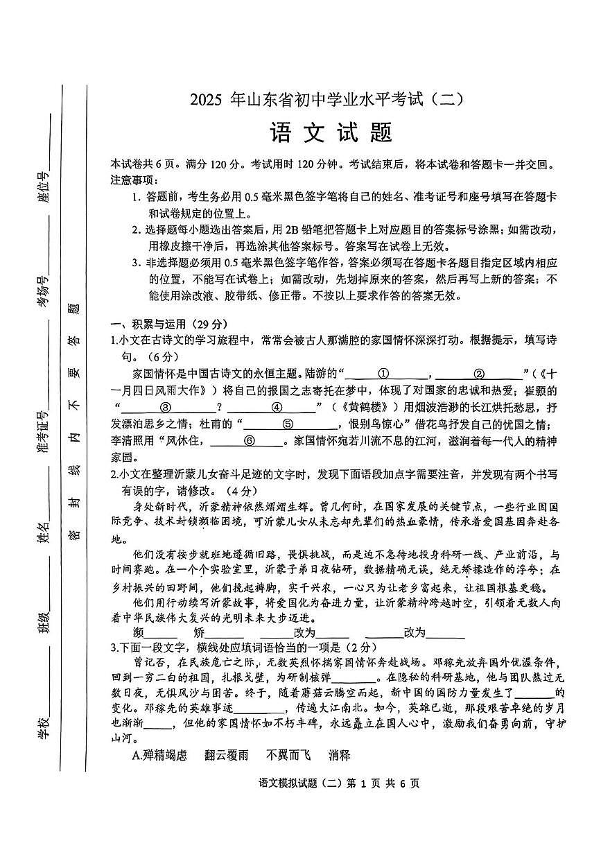 2025年山东省临沂市郯城县中考二模语文试题（中考模拟）第1页