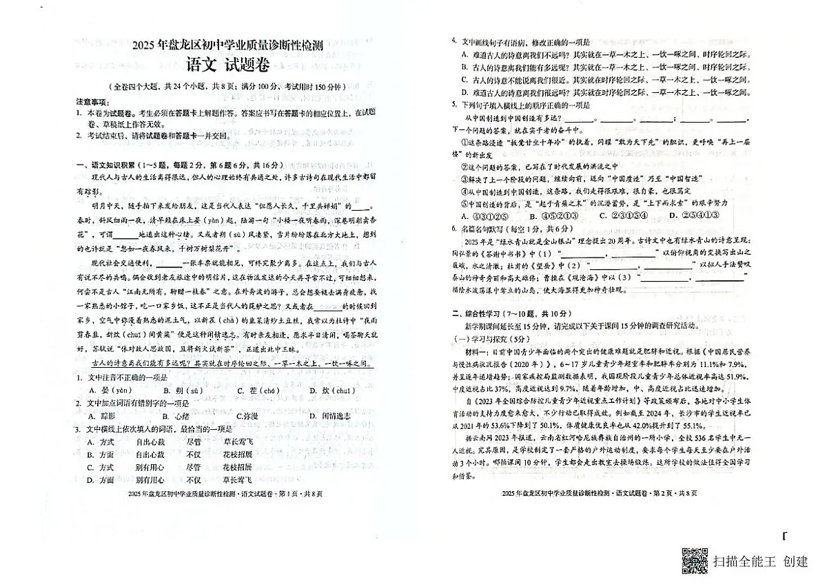 2025年云南省昆明市盘龙区中考一模语文试题第1页