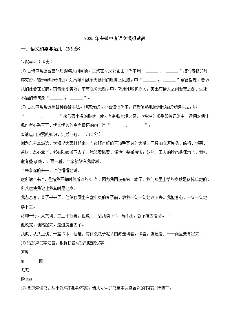 安徽省安庆市岳西县部分片区学校2024-2025学年九年级下学期中考模拟语文试卷（含答案）第1页